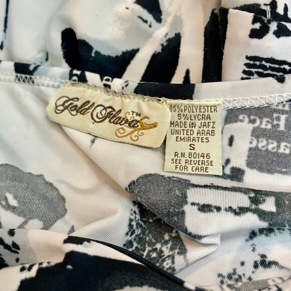 Vintage Y2K Gold Flava Slinky Newspaper Print Batwing Top Black White Size Small - Picture 8 of 8